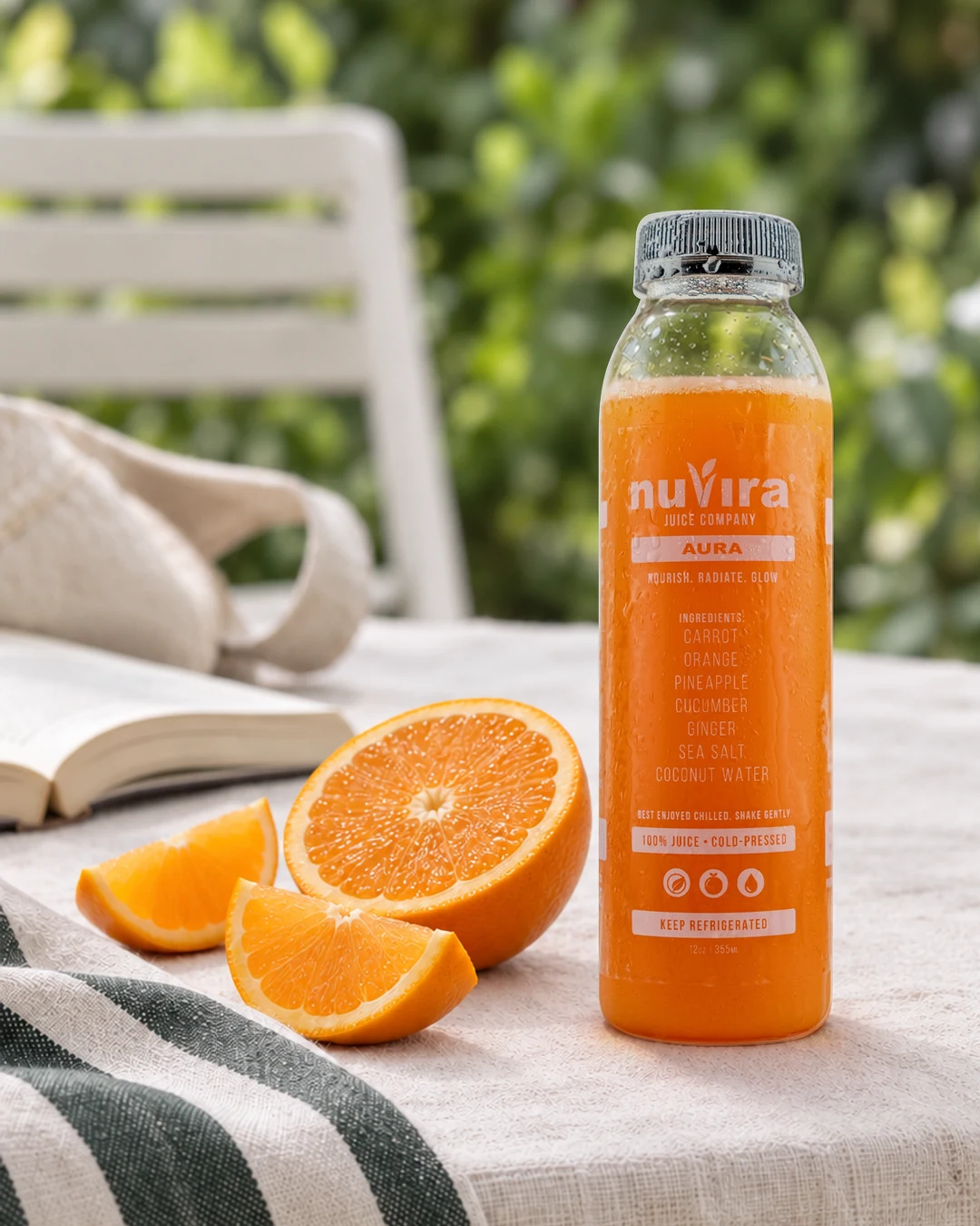AURA cold-pressed juice bottle beside orange slices in soft natural daylight
