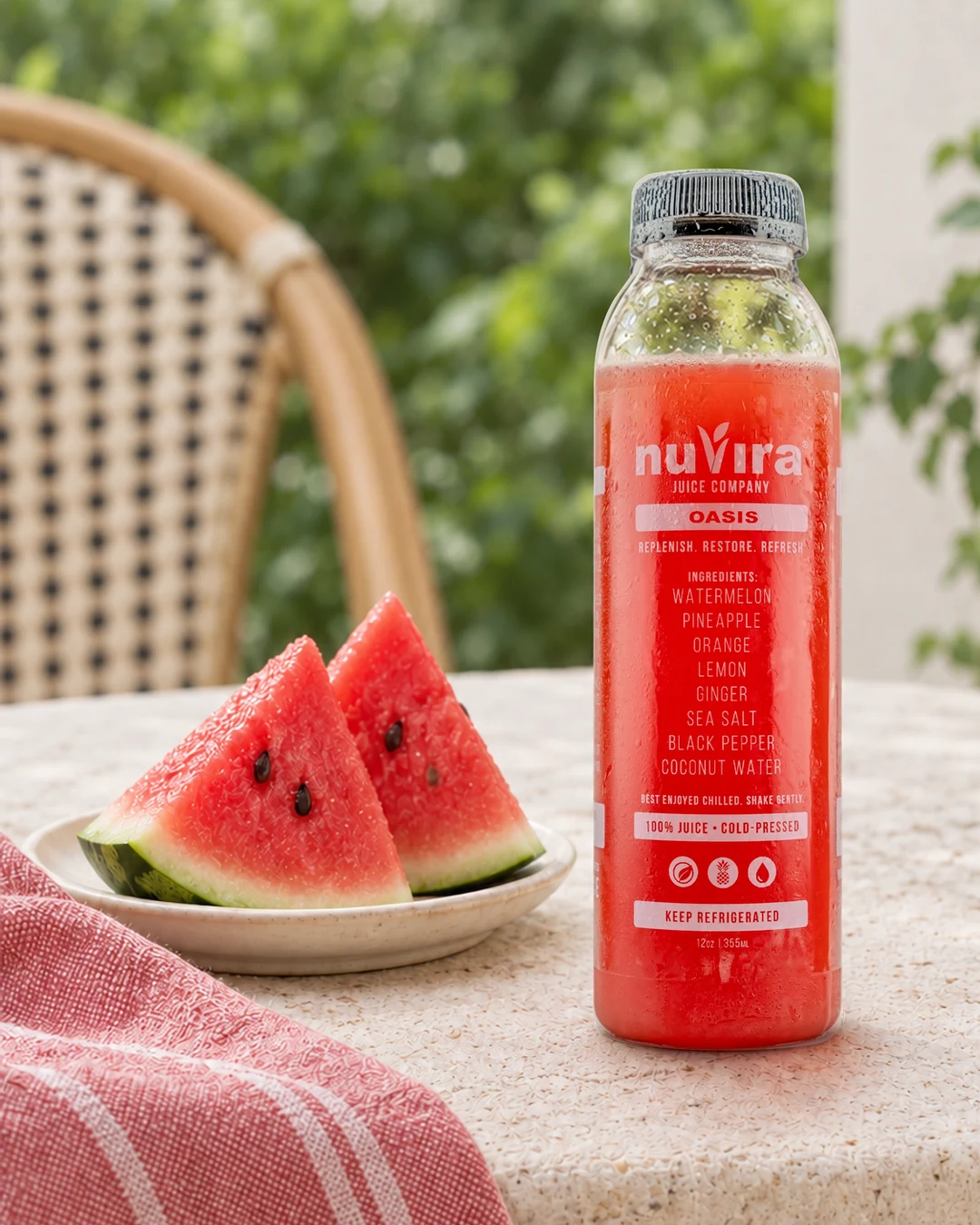 OASIS cold-pressed juice bottle beside watermelon in soft natural daylight