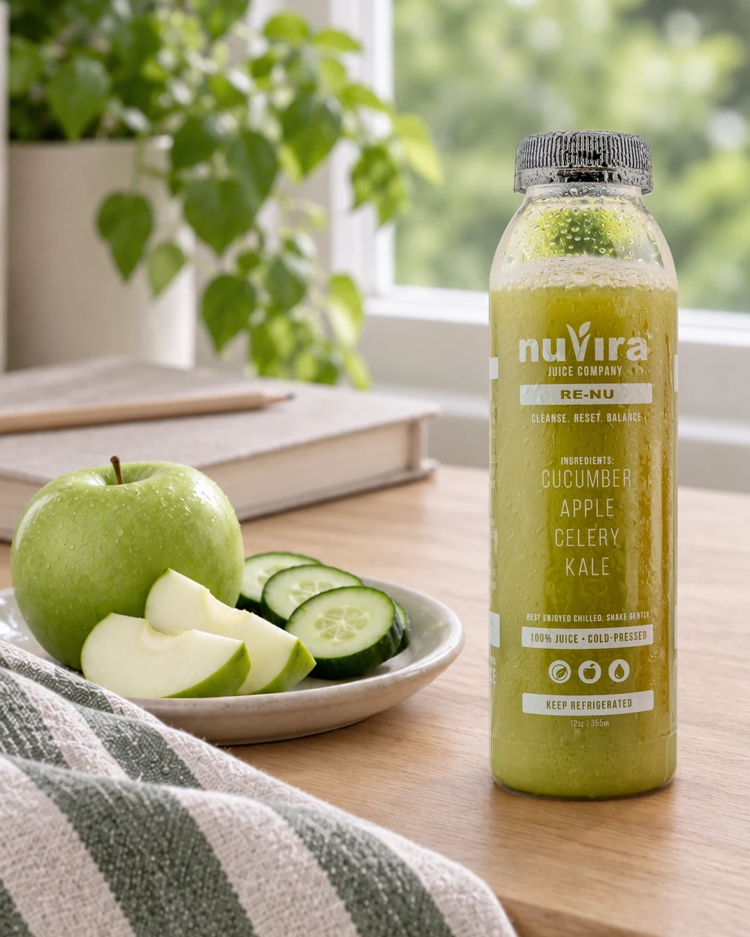 RE-NU cold-pressed juice bottle beside apple and cucumber in soft natural daylight